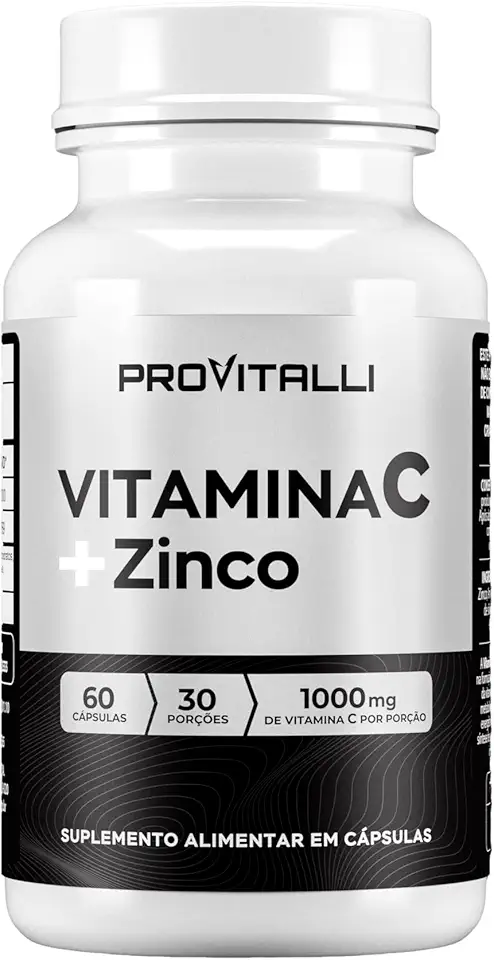 Vitamina C 1000mg + Zinco 29,59mg Por porção | ProVitalli | Dupla Ação Imunológica e Antioxidante | Reforço para Defesas do Corpo | Alta Absorção | 60 Cápsulas - 30 Porções