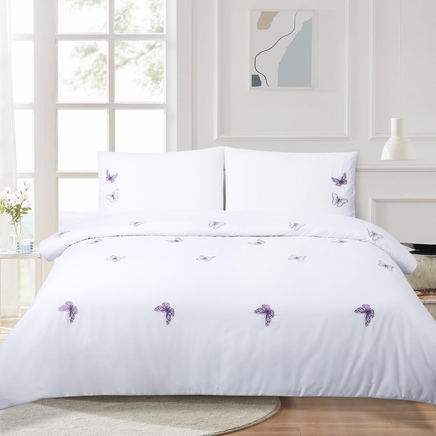 Chlophy Purple Butterfly Duvet Cover Embroidered King White Girls Spring Duvet Sets Pink Lavender Elegant Pretty Luxury Kids - Image 3