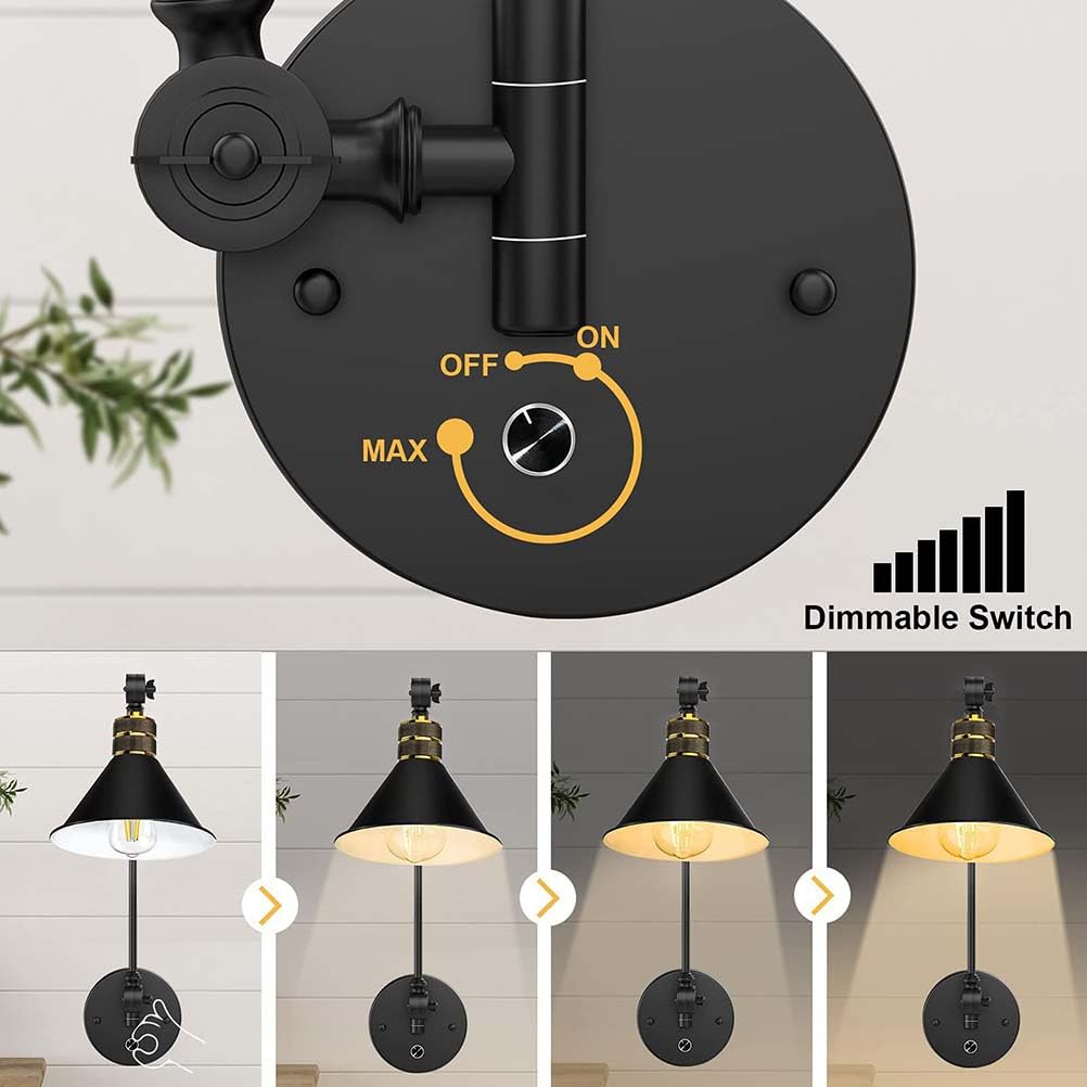 AoLa Schwenkarm Wandleuchten Dimmbar mit Schalter, Innen Vintage Wandlampe mit Stecker und Kabel E27 Verstellbare Lange Arm Nachttischlampe Retro Industrial Schwarz Kegel Lampenschirm Leselampe,2pack