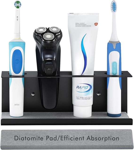 KES Electric Toothbrush Holder Wall Mounted for Bathroom - Adhesive or Screw Mount - With Diatomaceous Board - Holds 2 Toothbrushes, Toothpaste, Razor, Cleanser, Stainless Steel Black, BETH200DF-BK