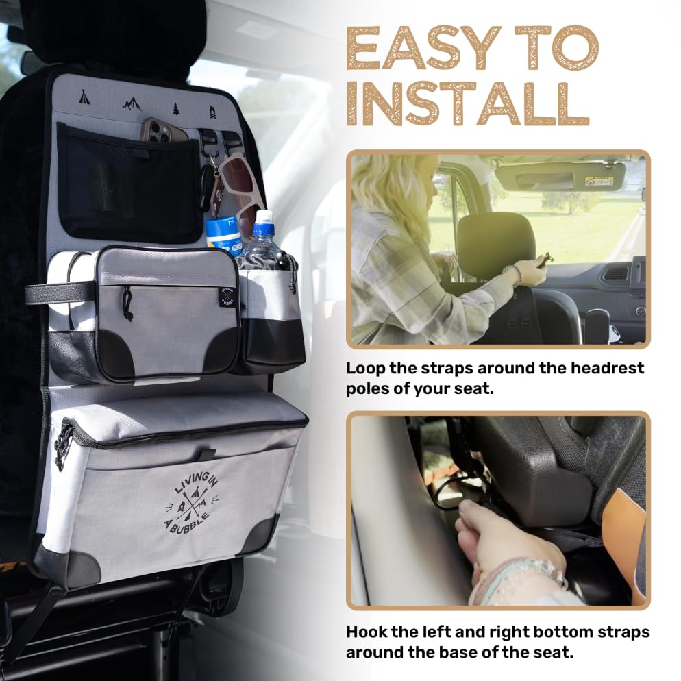 Image of Living in a Bubble Seat back Organizer - Magnetic Toiletry and Cooler Pouch, Cordura Car Backseat Storage with Device Holder & Hooks, Multi-Compartment Utility Bag for Campervans & Family Travel