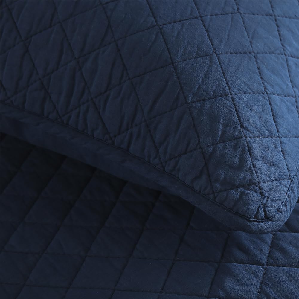 Cotton Quilt Bedding Sets Queen Size, 3 Pieces Reversible Lightweight Coverlets Comforters Bedspreads for All Seasons,Geometric Stitching Pattern,Navy Blue