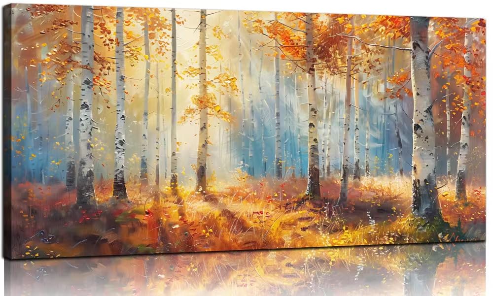 Sense&Sensitivity Arts-Autumn Birch Tree Wall Art Fall Forest Landscape Canvas Print Nature Canvas Wall Art Decor for Bedroom, Home Office 24x48 inch