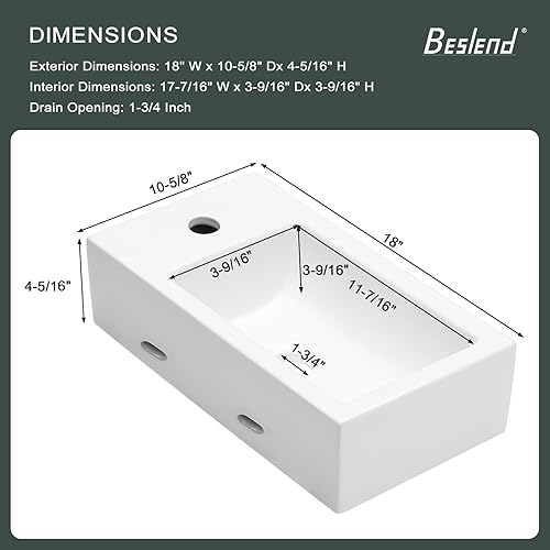 Miniatura 7 de Fregadero de baño de 18 pulgadas  Fregadero rectangular pequeño de 18 x 10 pulgadas para montaje en pared, fregadero de baño de cerámica de