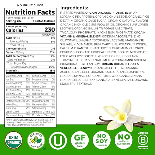 Image of Orgain Organic Nutritional Vegan Protein Shake, Vanilla Bean - 16g Plant Based Protein, Meal Replacement, 21 Vitamins & Minerals, Fruits & Vegetables, Gluten Free, Non-GMO, 11 Fl Oz (Pack of 4)