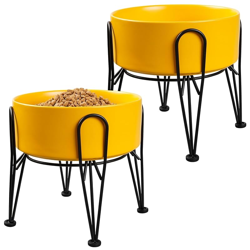 Comedouro elevado para cães com tigelas de cerâmica e suporte metálico antiderrapante Kitwinney, amarelo (Yellow), pacote com 2