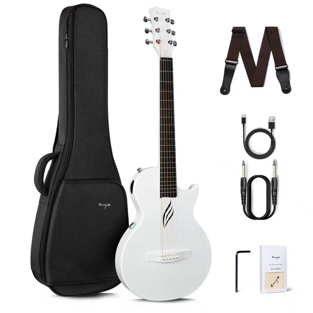 NOVA Go SP1 Carbon Fiber Acoustic Electric Guitar with 35" Smart AcousticPlus Starter Acoustic Guitar Travel Large Case Tali Strings Instrument Cable (White)