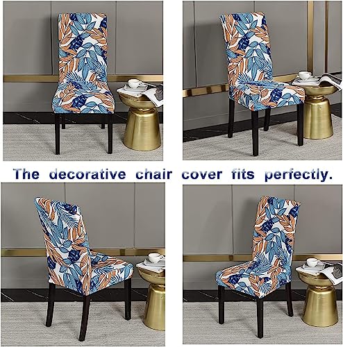 Image of House of Quirk Elastic Chair Cover Stretch Removable Washable Short Dining Chair Cover Protector Seat Slipcover (Pack of 2, Blue /Orange Leaf)