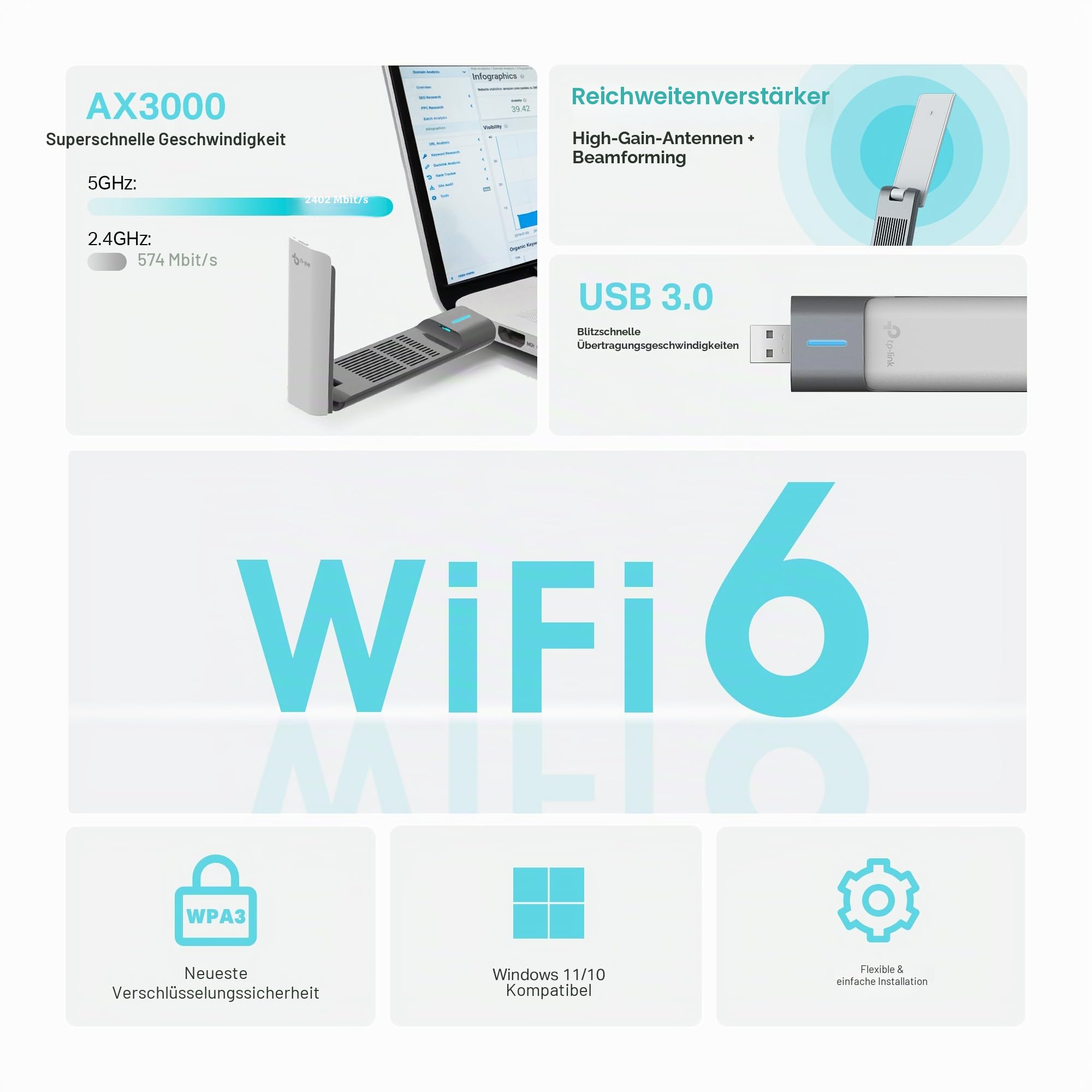TP-Link Archer TX50UH AX3000 WiFi Dongle, WiFi 6 Dual Band Wireless, USB Adapter für PC, breitere Abdeckung, geringere Latenz & hohe Effizienz, USB 3.0, Win10/11 Unterstützung