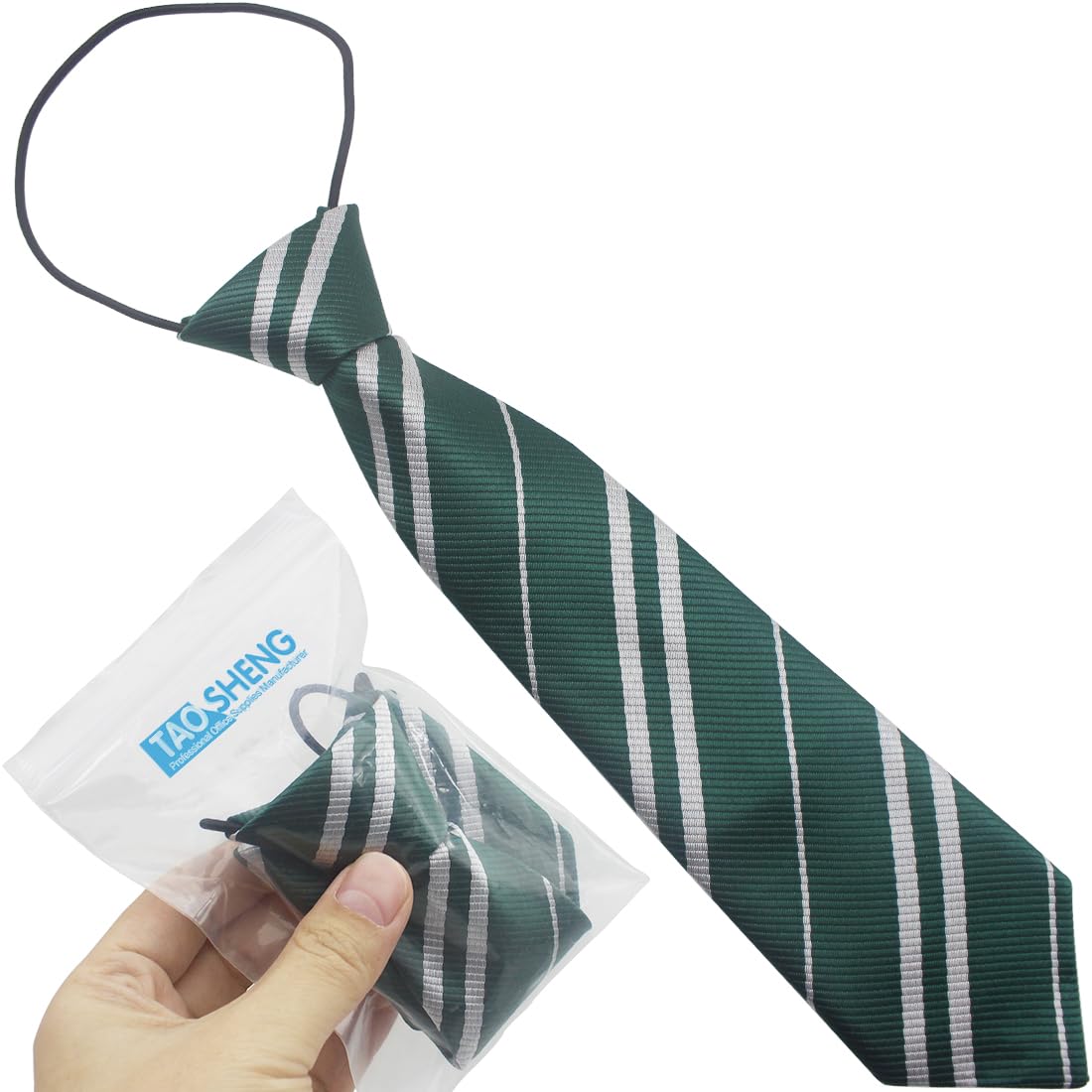 TAOSHEN 29CM Elastic Pre-Tied Kids Necktie, College Style One Size Elasticated Stain Plain Boys Girls Stripe Formal Tie for Wedding Graduation School Uniforms, Stripe Green 1 Pack