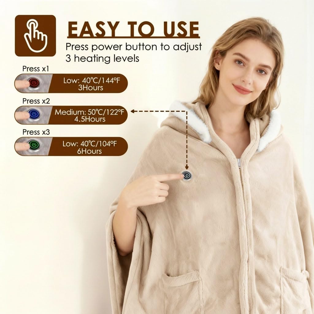 Wearable Heated Throw Blanket Electric Shawl Double-Sided Flannel Heating Hoodie Portable Machine Washable with 3 Heating Levels Battery Operated for Women Men Christmas Gift(Beige)