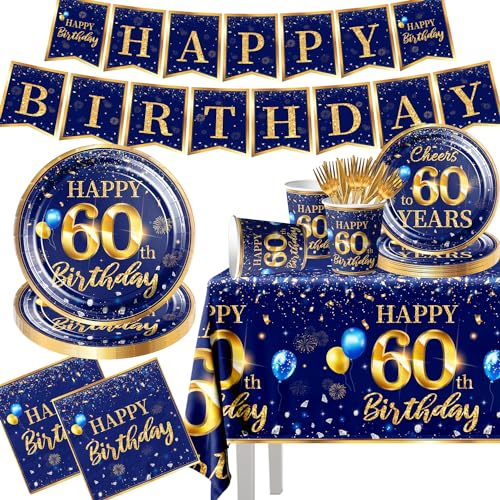 60th Birthday Decoration Men-142pcs Navy Blue and Gold Birthday Tableware Set(Serve for 20) Include Happy 60th Birthday Banner Plates Cups Napkins Tablecloth for Men 60th Birthday Party Supplies(60)