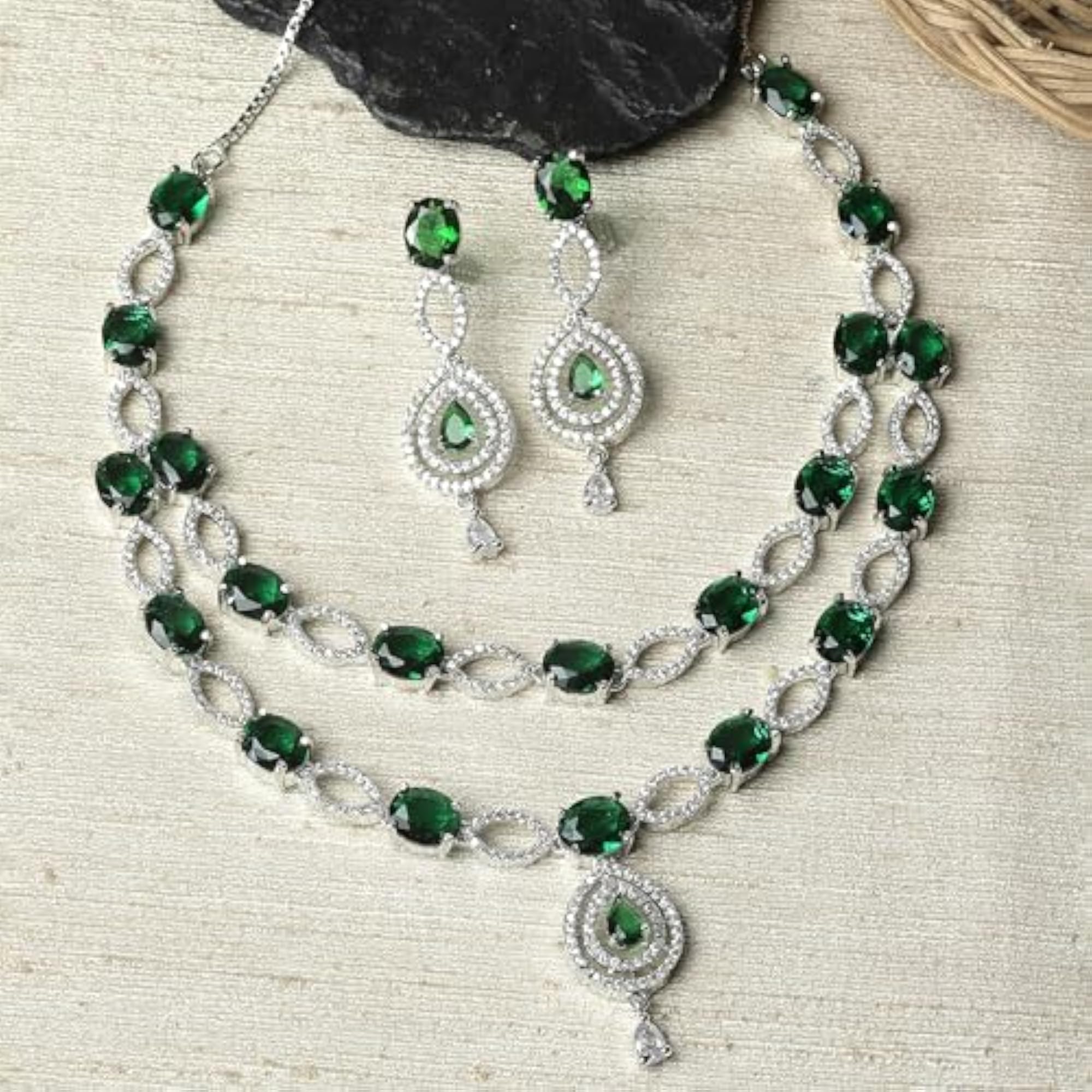 Abstract Necklace & Earrings Set Rhodium-Plated AD Studded