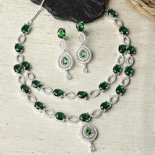 Abstract Necklace & Earrings Set Rhodium-Plated AD Studded