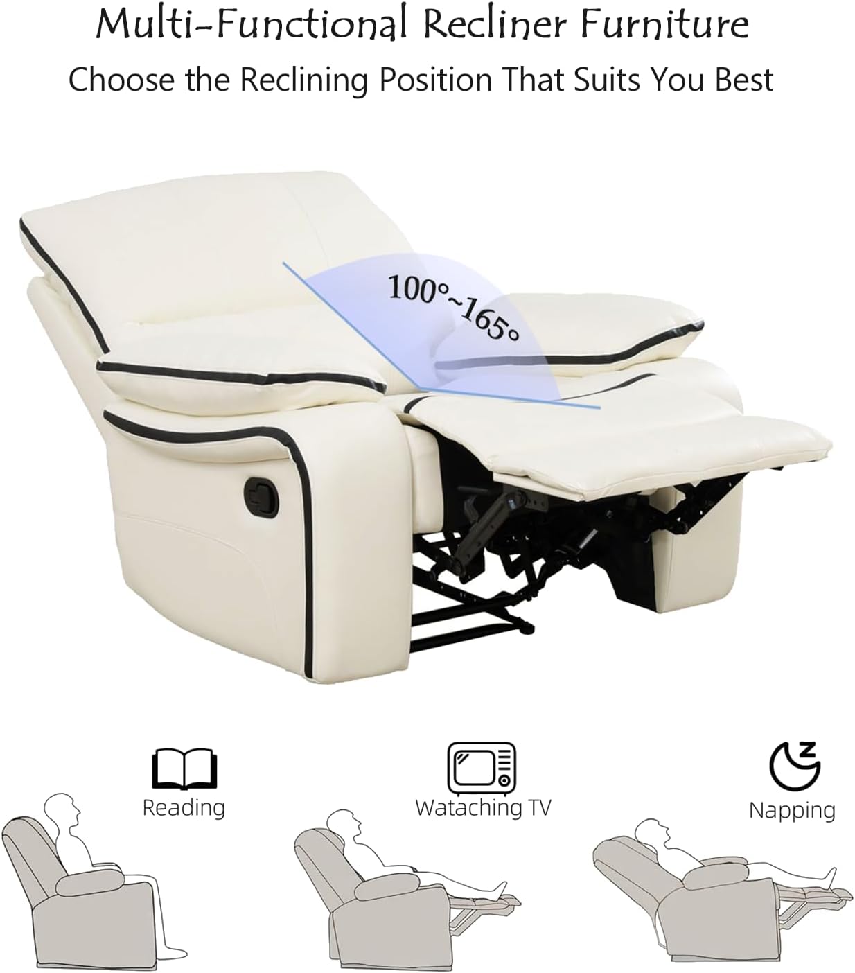 Manual Recliner Chair for Living Room Furniture Set,Leather Reclining Chair with Storage Console/Cup Holder/Hidden Table for House/Apartment/Home Theater/Small Space/Rv,Cream