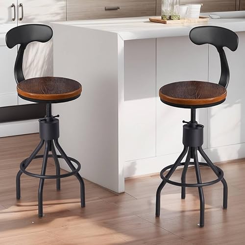Miniatura 6 de Juego de 2 taburetes de bar industriales con respaldo de 23 a 33 pulgadas, asiento giratorio de madera, isla de cocina, comedor, taburete de Negro