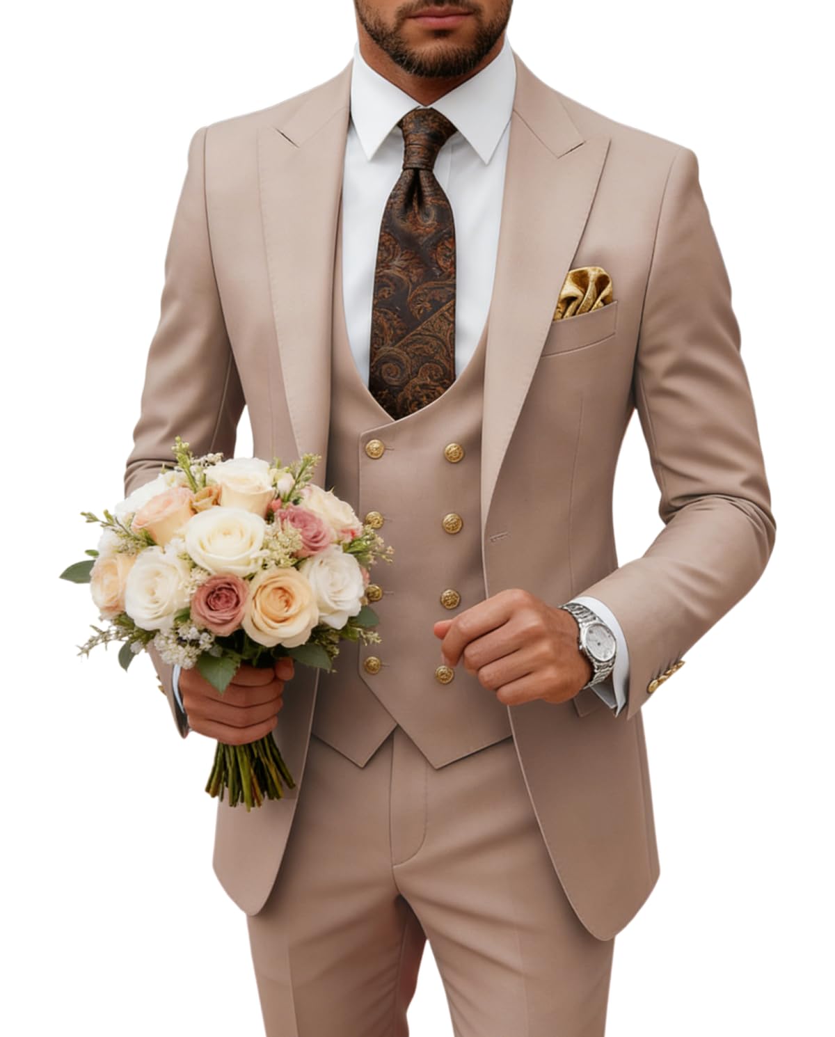 Men's Suit Slim Fit 3 Piece Double Breasted Suits Prom Tuxedo Set Formal Casual Jacket Blazer Vest Pant Wedding Suit for Men, Champagne, XXL