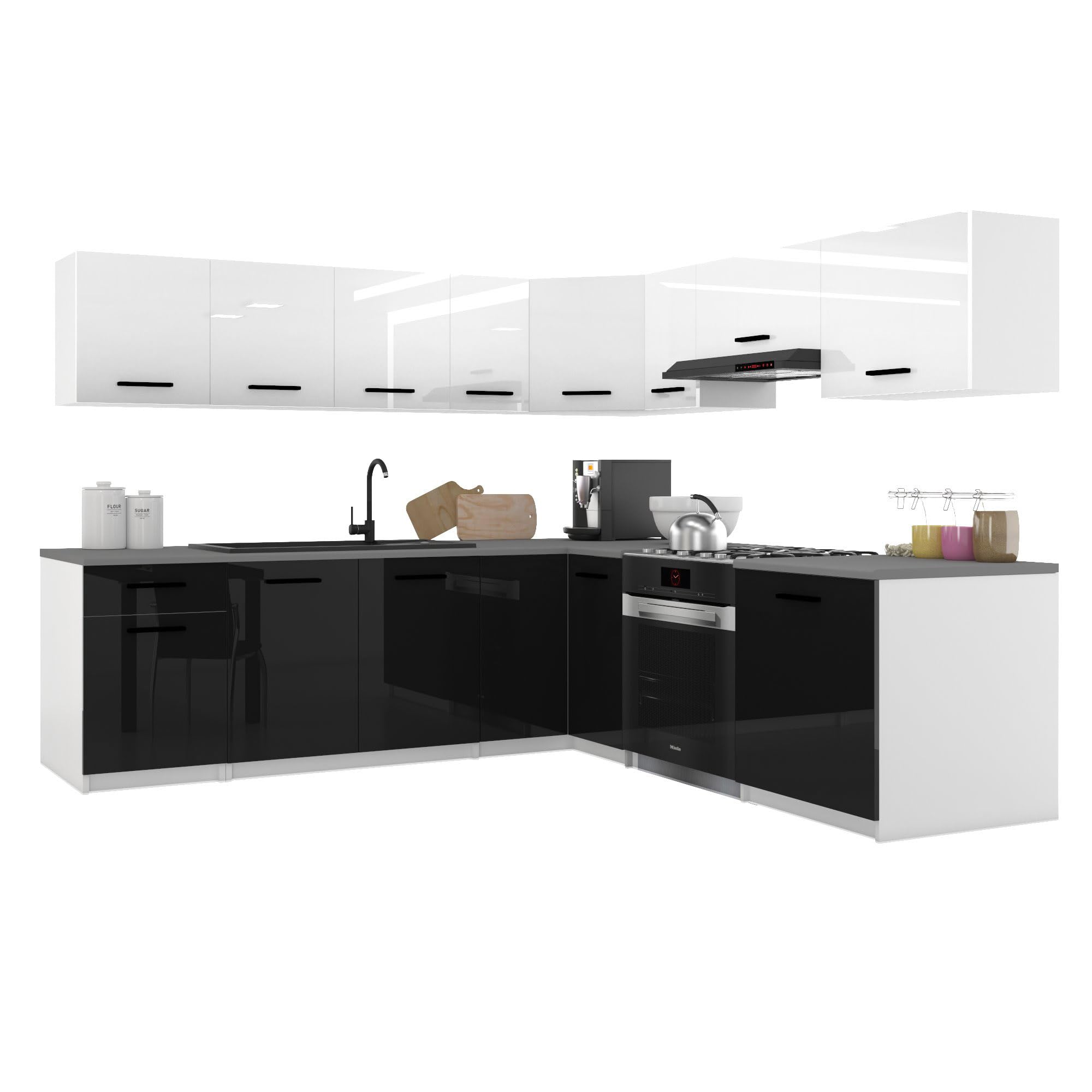 Belini Italia 7 Eckküche Küchenblock 420cm Weiß-Schwarz