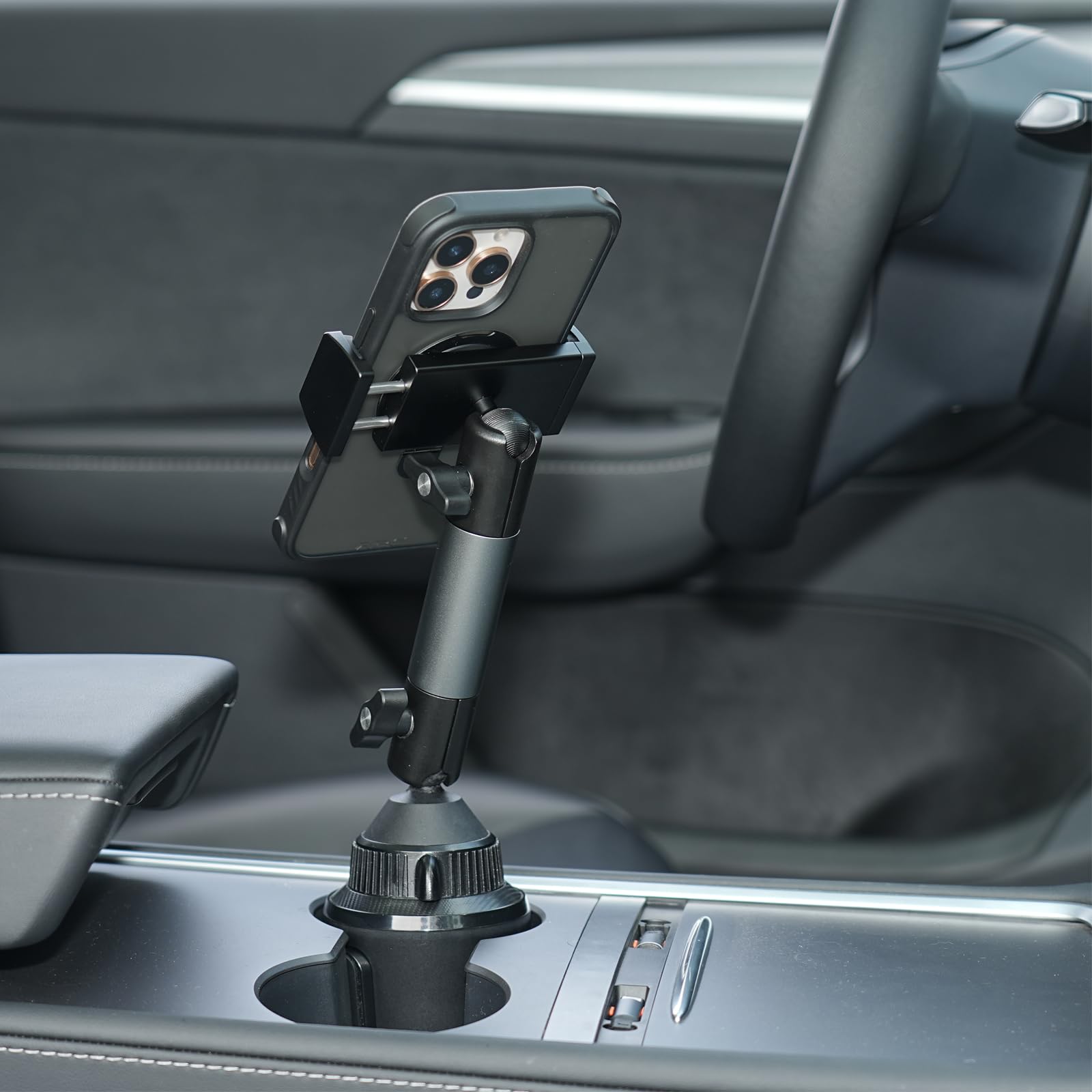 APPS2Car Soporte de teléfono de aluminio resistente para coche, soporte universal para teléfono con rótula de 20 mm, base de portavasos, brazo CNC ajustable