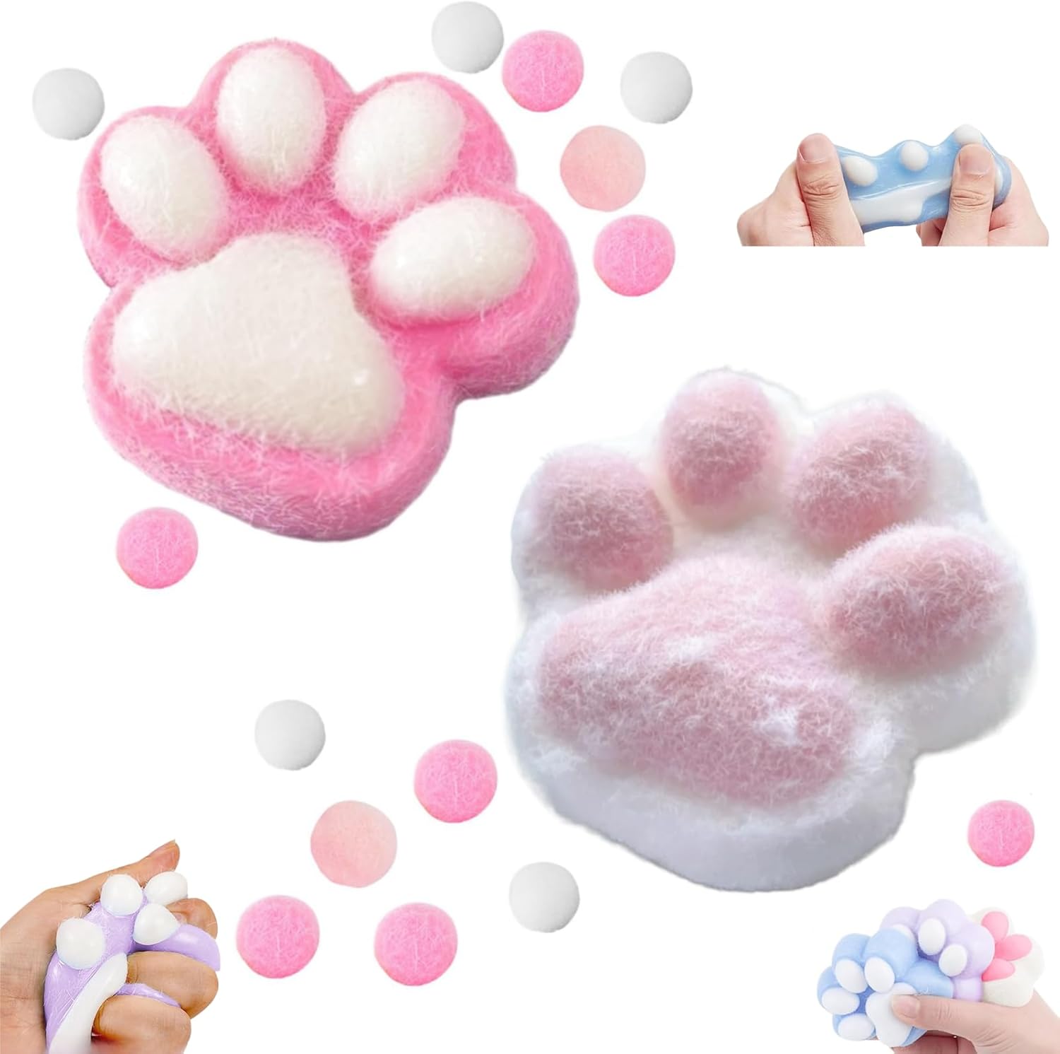 Squeeze Cat Paw Squeeze Toys, Kawaii Cat Paw Squishy Kit, Cute Squishy Stress Relief Squishies Sensory Toys, Soft Quiet Fidget Toys for Adults, Kids, Children (Pink, White)