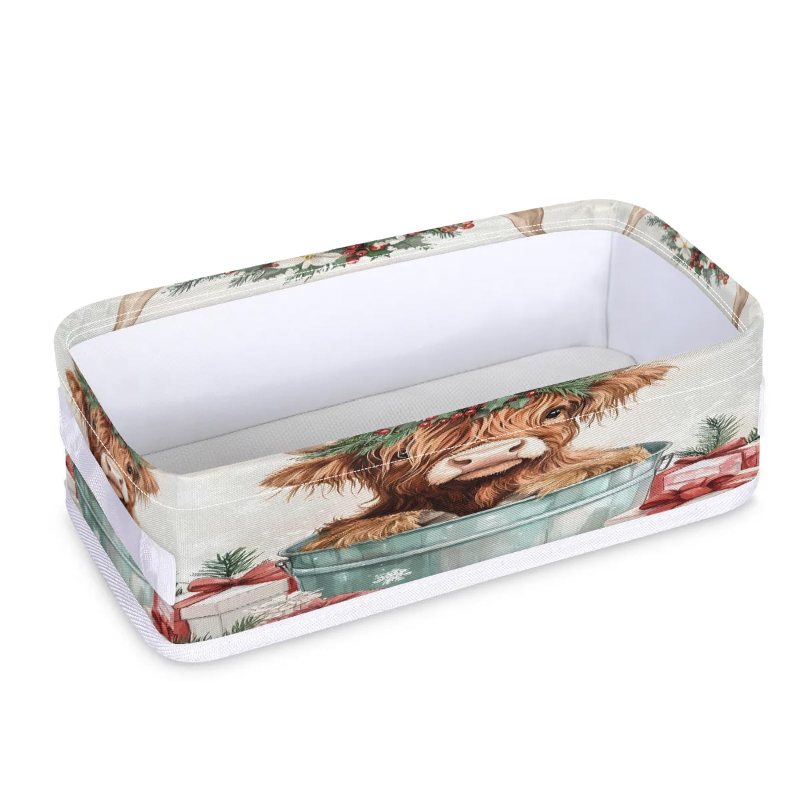 Tablerazzi Toilet Tank Topper Paper Basket with Handle, Xmas Festival Vintage Highland Cow Bathroom Storage Basket for Organizing, Small Fabric Storage Bins for Bathroom Decor