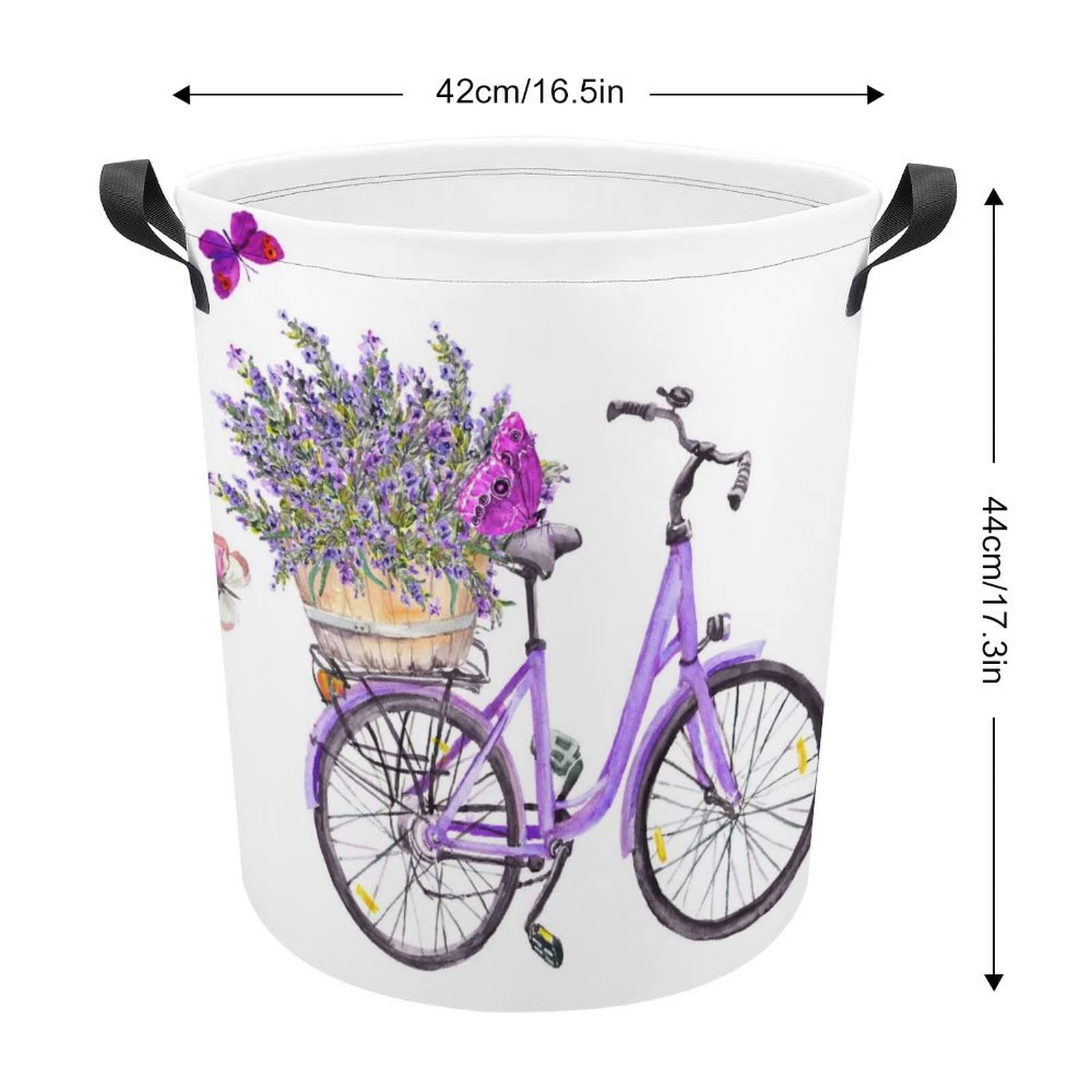 Violet Bicycle with Lavender Flowers in Basket and Butterflies Collapsible Waterproof Laundry Hamper, Lightweight Washing Basket Bin Storage Organizer Bucket with Handles for Toys Clothes