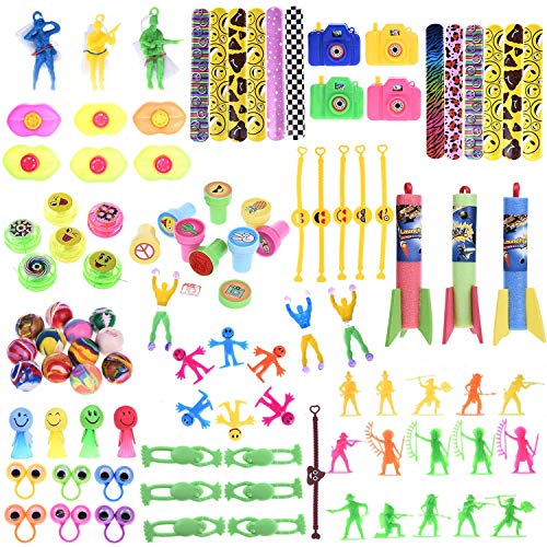 FUN LITTLE TOYS 100PCs Assortment Mini Toys Party Favor Boxes Including Slap Bracelets, Mini Cameras,Stamps,Yo-Yos and More for Goody Bags Fillers, Pinata Toys, Kids Party Favors