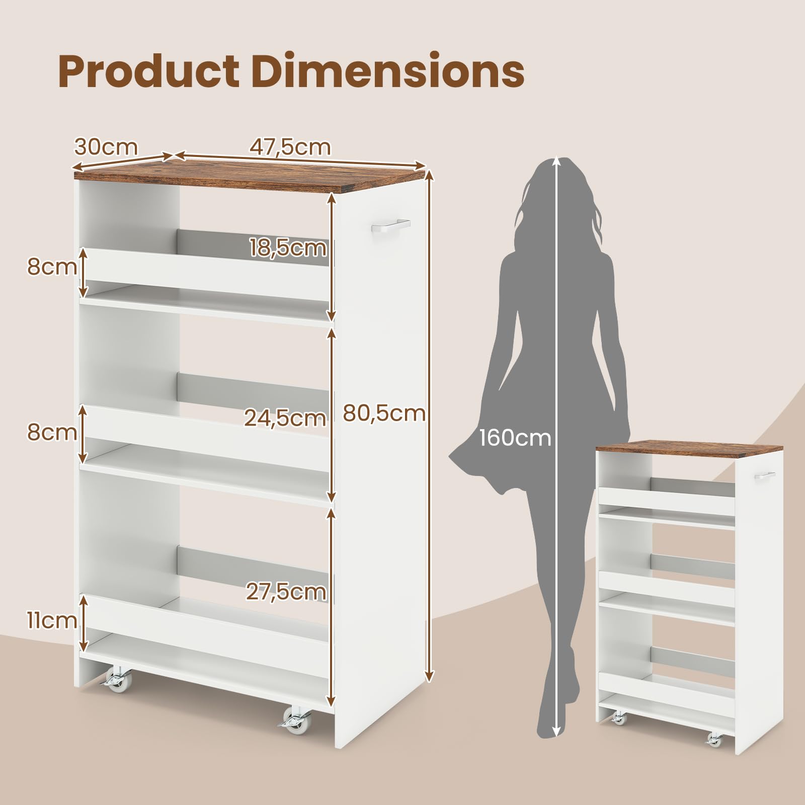 GIANTEX Carrello per Nicchia con Ruote, 4 Livelli, Carrello di Servizio Stretto Salvaspazio da Bagno, Scaffale da Cucina Sottile 47,5 x 13 x 80,5 cm, Industriale Bianco, Largo 30 cm