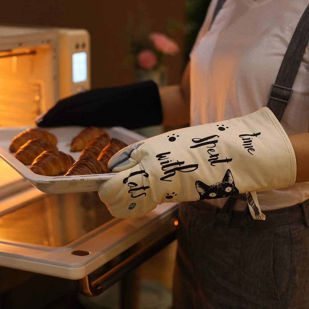 ZORR Guantes de Horno algodón con 2 Soportes para los Amantes de los Gatos, Guantes de Horno Resistentes al Calor para cocinar y Hornear (4 Piezas)