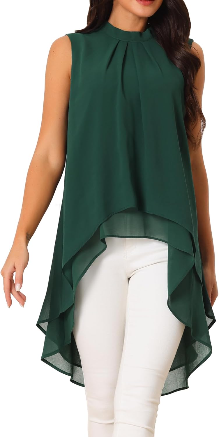 Seta T Women's High Low Tops Mock Neck Chiffon Blouse Tie Back Asymmetrical Sleeveless Shirt Casual Summer Top