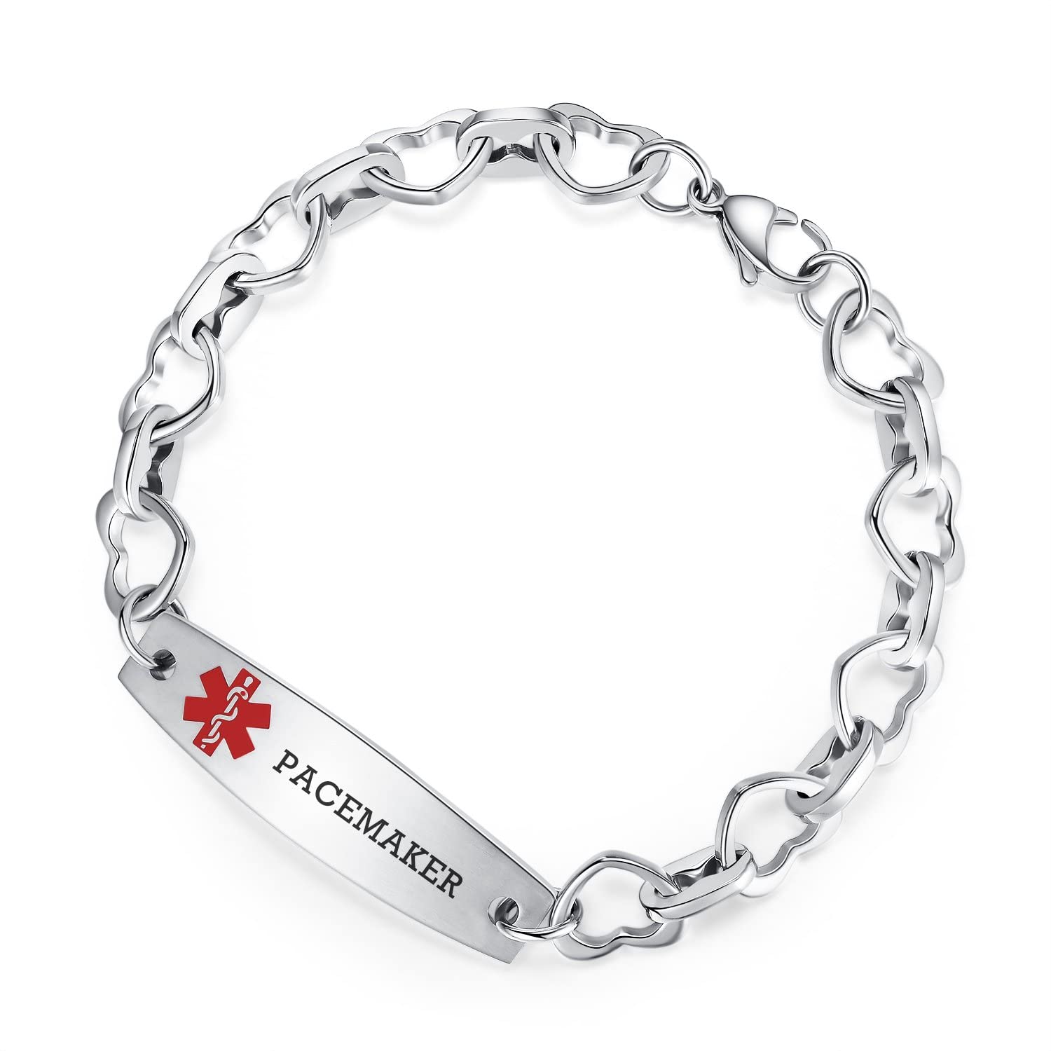 mnmoom 7 1/2 in Heart Medical Alert Bracelets for Women Stainless Steel id bracelets with Free custom engraving