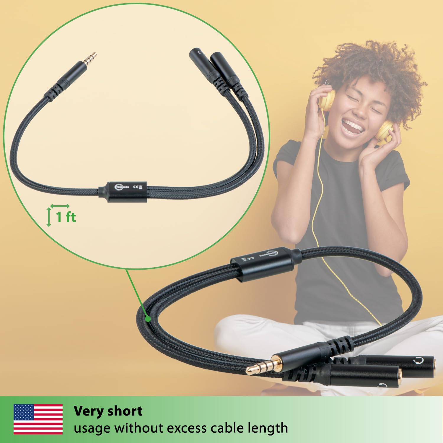 fouraces AUX y Splitter - 4 Pole, Adapter Cable Very Short - 1 ft - 3.5 mm - 2 Headphone Connections for PC, PS4, Microphone - Jack Crossover, Audio Splitter for Two People