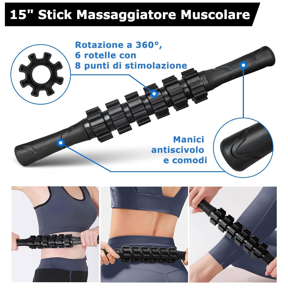 Rullo Massaggio Muscolare, Qveetry 6 in 1 Foam Roller Rullo in Schiuma Pallina Massaggiante Bastone Massaggio bande di resistenza per Stretching Yoga Pilates Rilascio Miofasciale