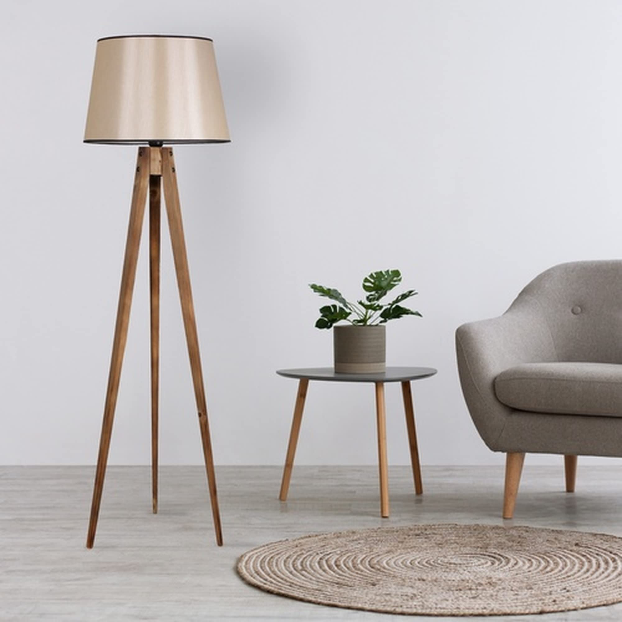 LÁMPARA DE PIE PANTALLA CÓNICA BEIGE CON MADERA, MARRÓN CLARO, COLECCIÓN TANGANICA, 45X45X160, CASQUILLO E 27 MAX 60 W