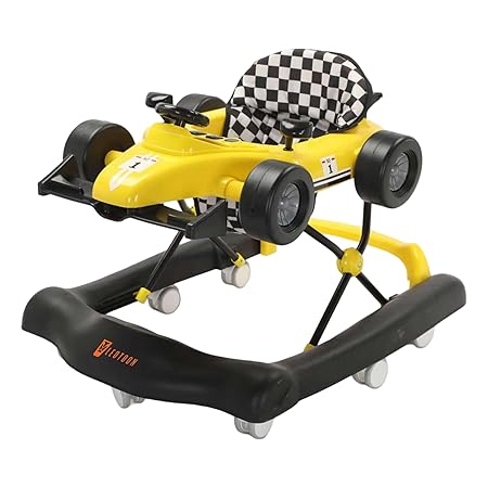 Leotoon 2-in-1 F1 Racing Car Walker | 3 Level Height Adjustment | 4 Level Seat Adjustment | Musical Tray | Unisex | With Foot Mat | Oxford Seat | Anti-Fall | 8 Mute Wheels | Anti-Skid | Wide Rectangular Base | Smooth and Safe Walking for Kids (6-24 Months) (Yellow)