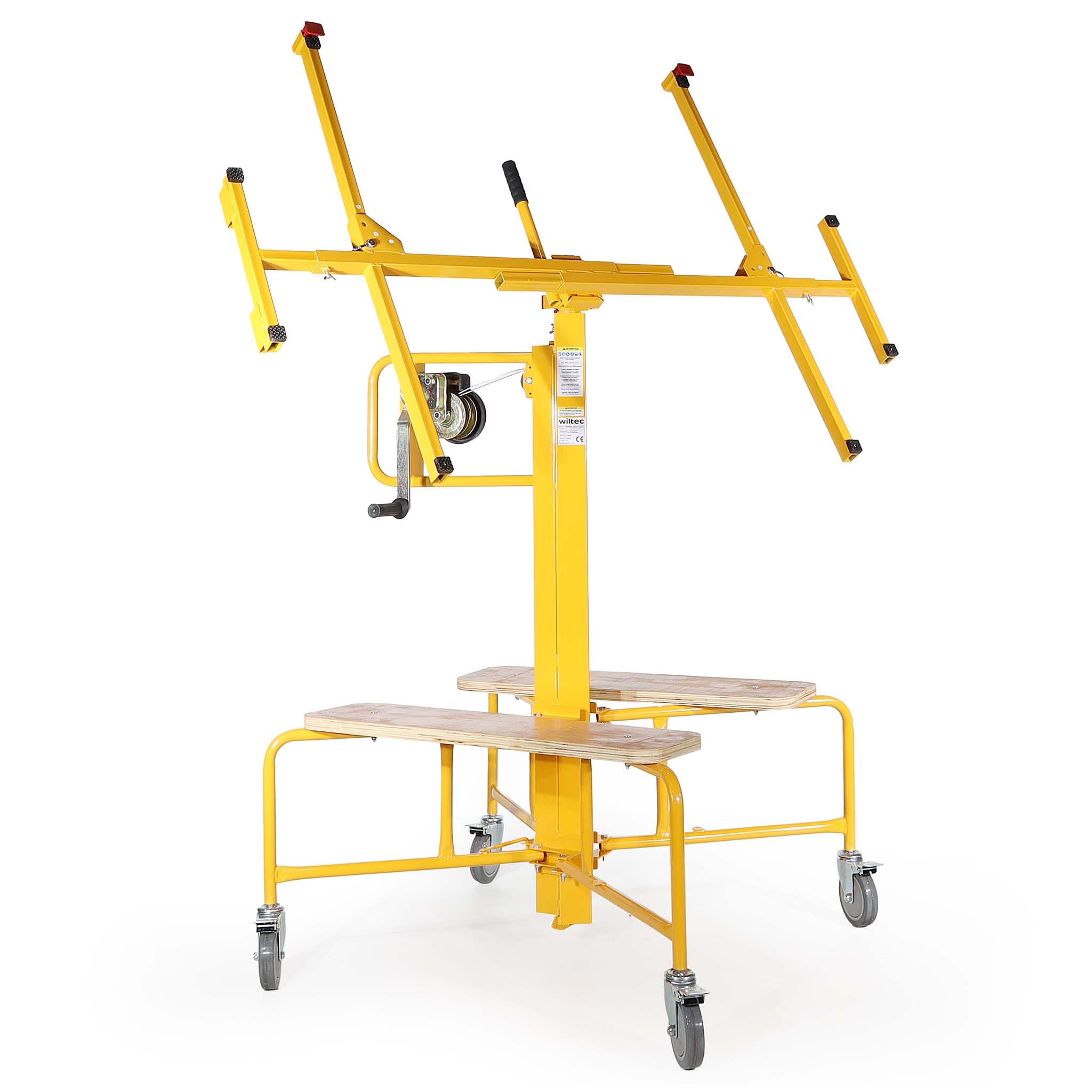 Podnośnik panelowy Wiltec do maks. 75 kg, wysokość 138-338 cm, pomoc w montażu płyt kartonowo-gipsowych, podnośnik panelowy uchylny z 4 kółkami z hamulcem postojowym