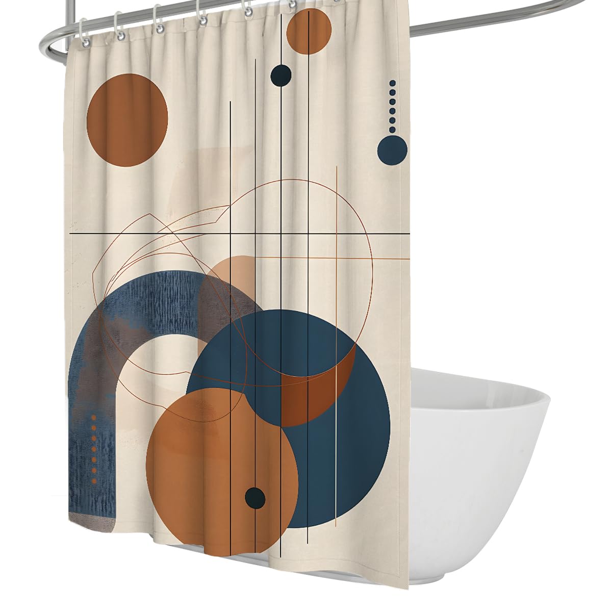 UIRINGART Boho Shower Curtains W200xL240cm Abstract Geometric Arch Circle Line Dot Navy Blue Terracotta Pattern Mildew Mould Resistant Fabric Bathroom Shower Curtain