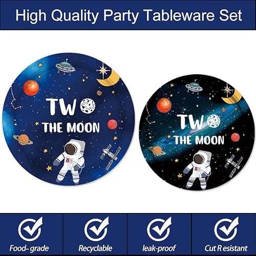 Miniatura 3 de 71 piezas de decoración de cumpleaños de Two the Moon, mantel del espacio exterior, cubiertos de 2 lunas, cucharas, tenedor, cuchillo, platos,