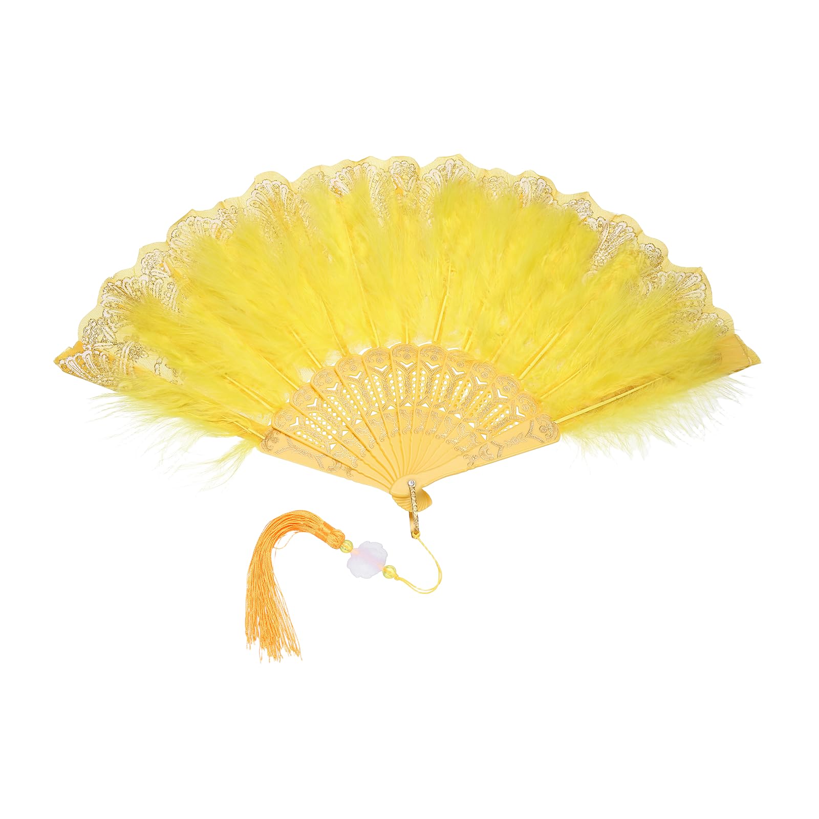 sourcing map 1 Pcs Vintage Folding Fan, Embroidered Flower Marabou Feather Fans 20s Vintage Style Handheld Folding Fan for Dancing Wedding Show Party Tea Party Occasions, Yellow(Polyester)