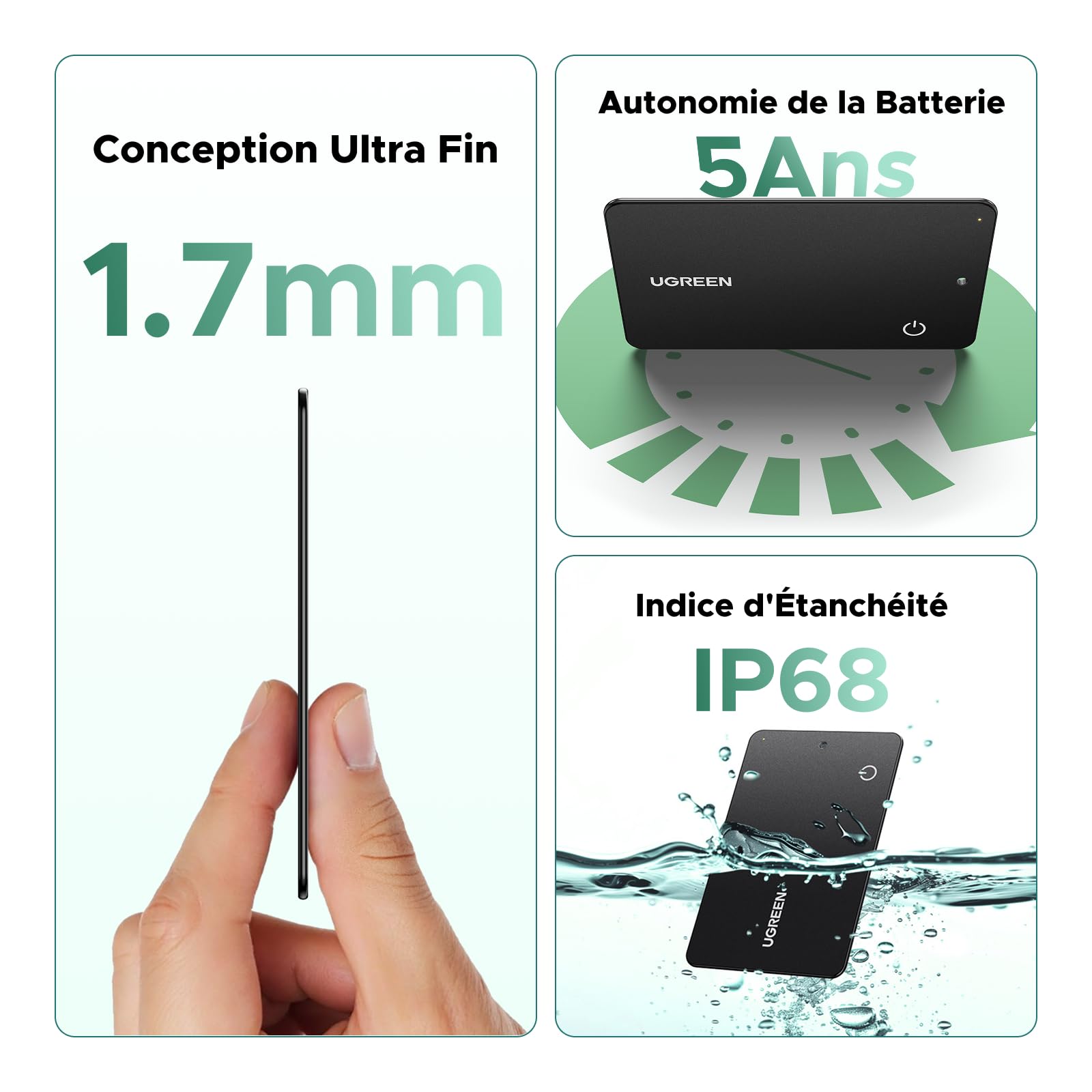 UGREEN FineTrack Slim G Smart Tag Traceur Fonctionne avec Find Hub (Android Uniquement) 5 Ans Batterie Tracker Bluetooth Ultra Fin 1.7mm Étanche IP68 pour Portefeuilles Clés Bagages Valises
