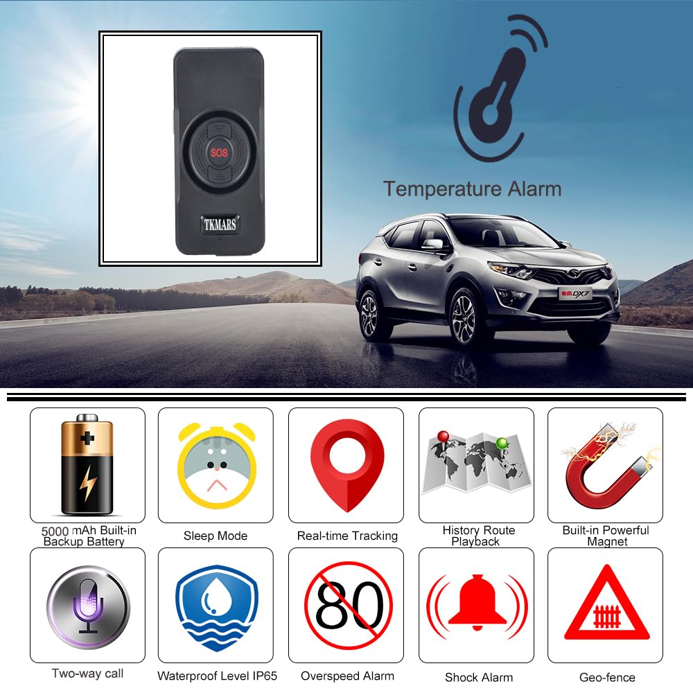 TKMARS Localizzatore GPS per Auto GPS Tracker con APP Conversazione Bidirezionale Tempo di standby 5000 mah con SOS per Aiuto Impermeabile Geofencing Smart Alarm Sensore di Temperatura