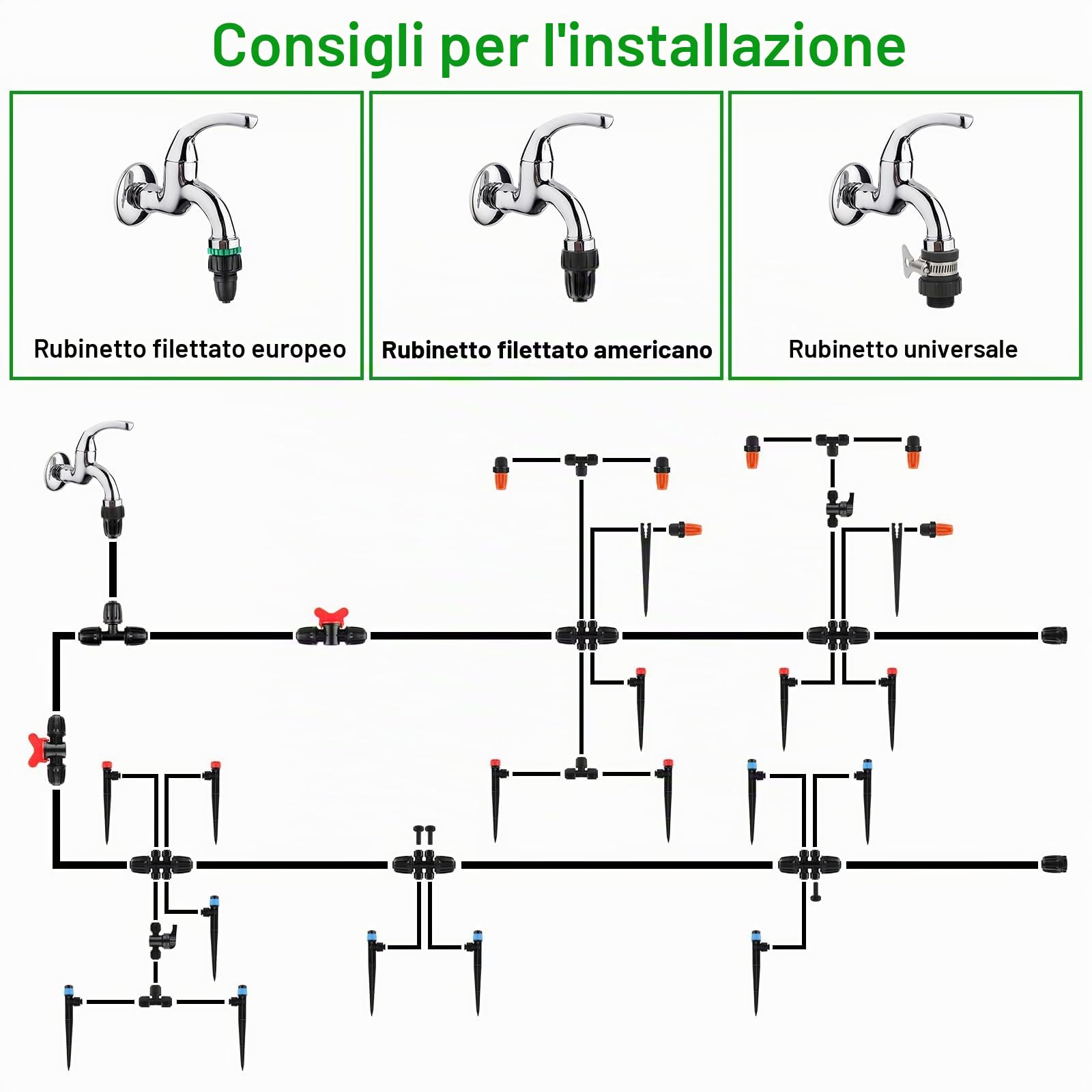 Kalolary Drip Irrigation Kit, Sistema di Irrigazione Rapido - Sistema Automatico con Connettori Push-to-Fit, Tubi da Irrigazione per Prato, Giardino, Serra e Fiori (Tubo da 1/2'' 1/4'')
