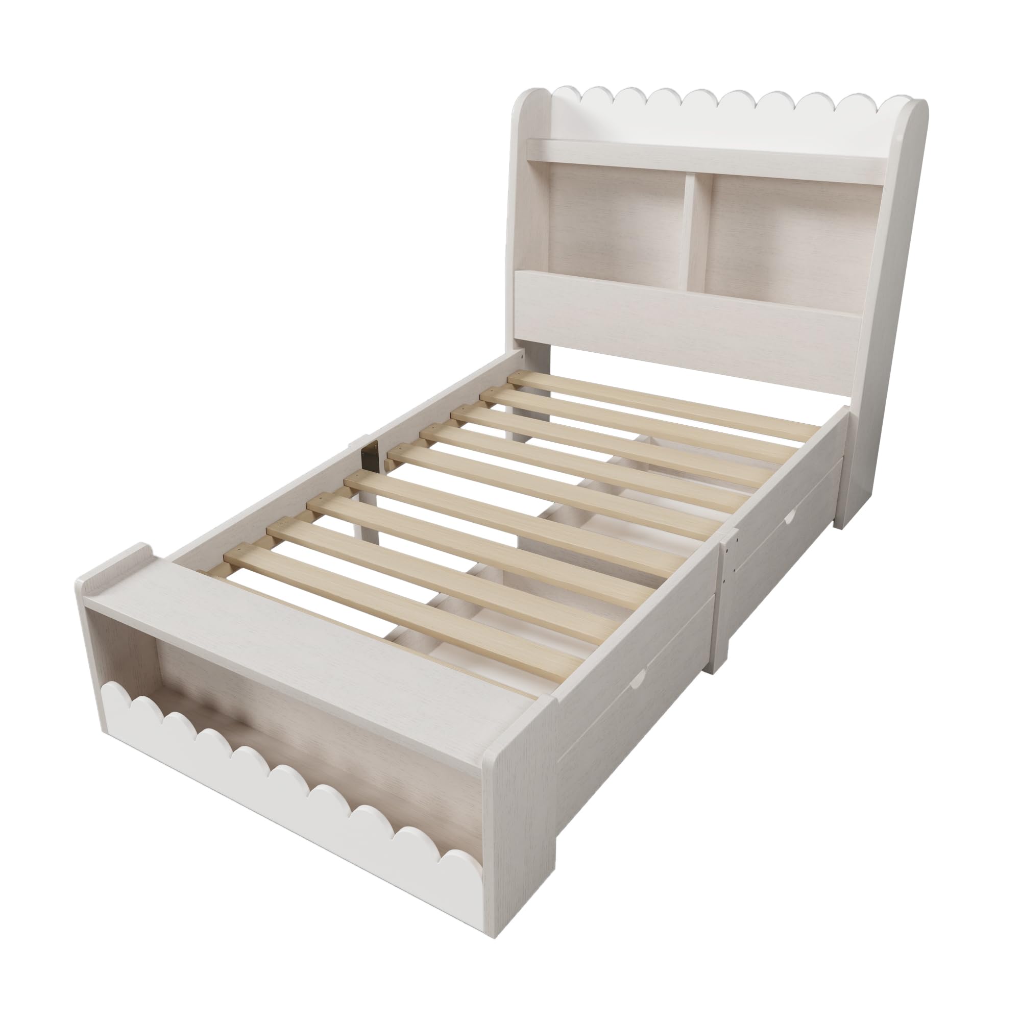 Cama individual de 90 x 190 cm, con cajones, estantería y banco con almacenamiento, cama de madera, marco de cama y somier de madera, color blanco con color roble (sin colchón)