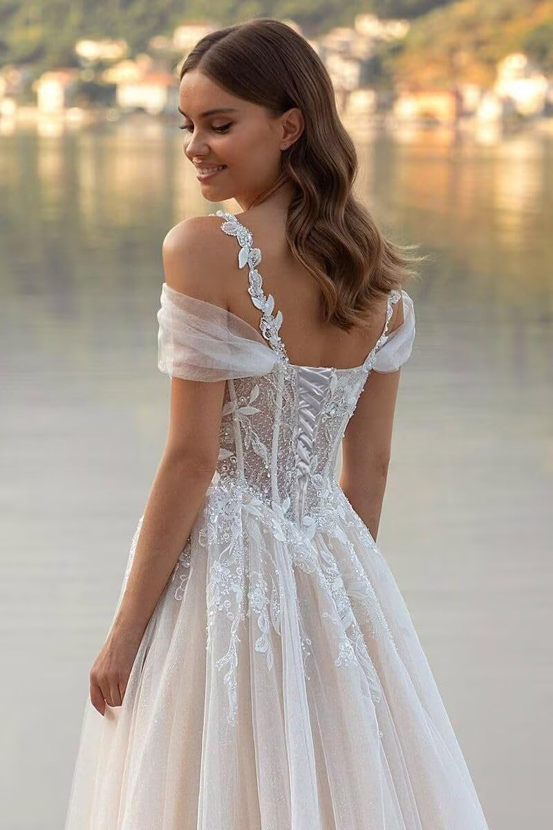 Damen Tüll Brautkleider Lang Elegant Hochzeitskleider A Linie Prinzessin Glitzer Mit Spitze V-Ausschnitt Trauung Kleid Ärmellos