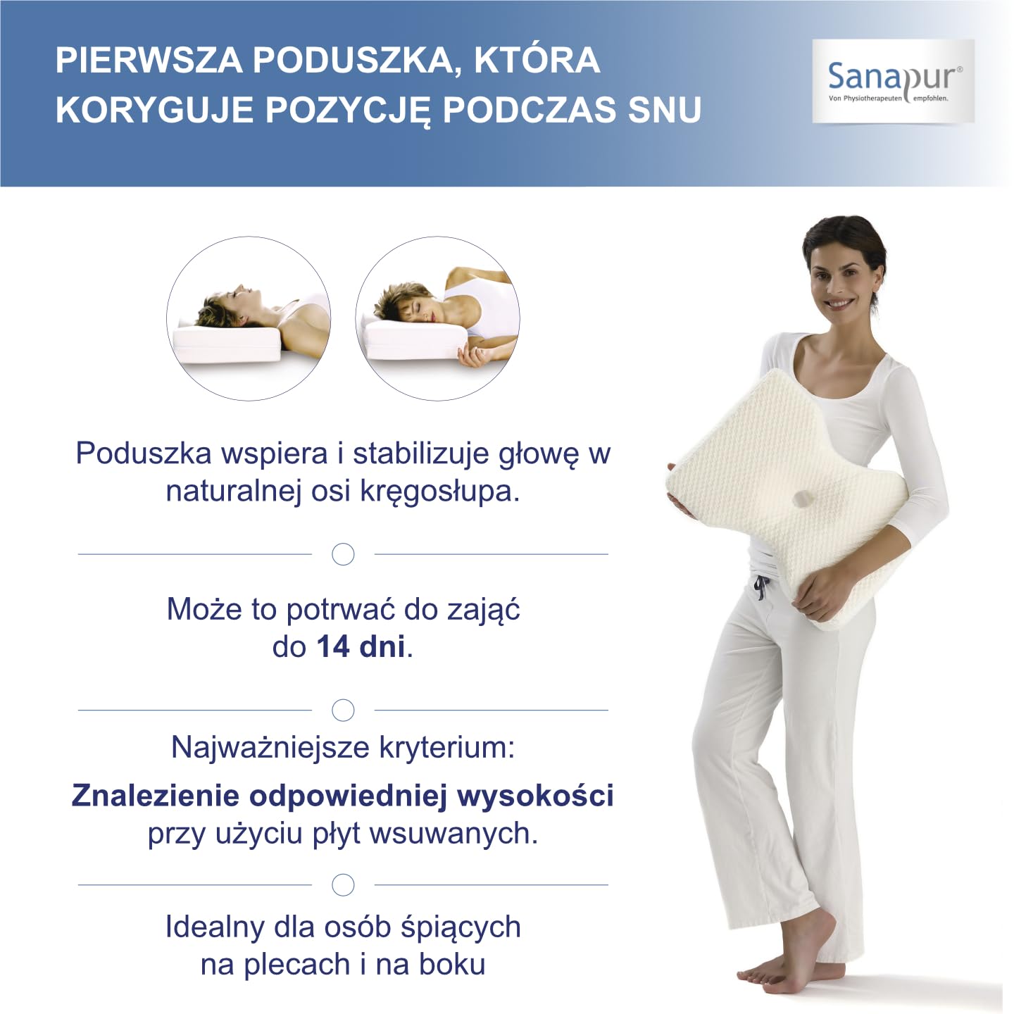 Poduszka Sanapur Original 4.0 - wersja Clima - poduszka ortopedyczna do spania na boku Wyprodukowana w Niemczech z lateksu Talalay/miękkiej pianki