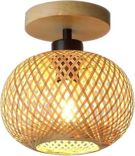 Lámpara de ratán tejido de montaje empotrado  Pantalla de bambú Boho lámparas de techo dormitorio lámpara de techo para sala de estar, pasillo,