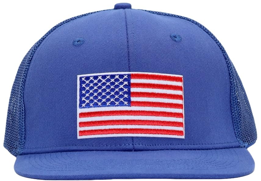 Image of Men Flat Bill USA Flag Mesh Hat Fits OSFM&XXL Head | Snapback Trucker Cap | 250th US Anniversary Veterans Memorial Day Gifts