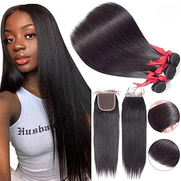 Amazon Com Straight Hair Bundles With Closure 18 20 22 16 Closure 100 Brazilian Straight Virgin Hair 3 Bundles With Lace Closure Free Part Human Hair Extensions Natural Black Color Beauty