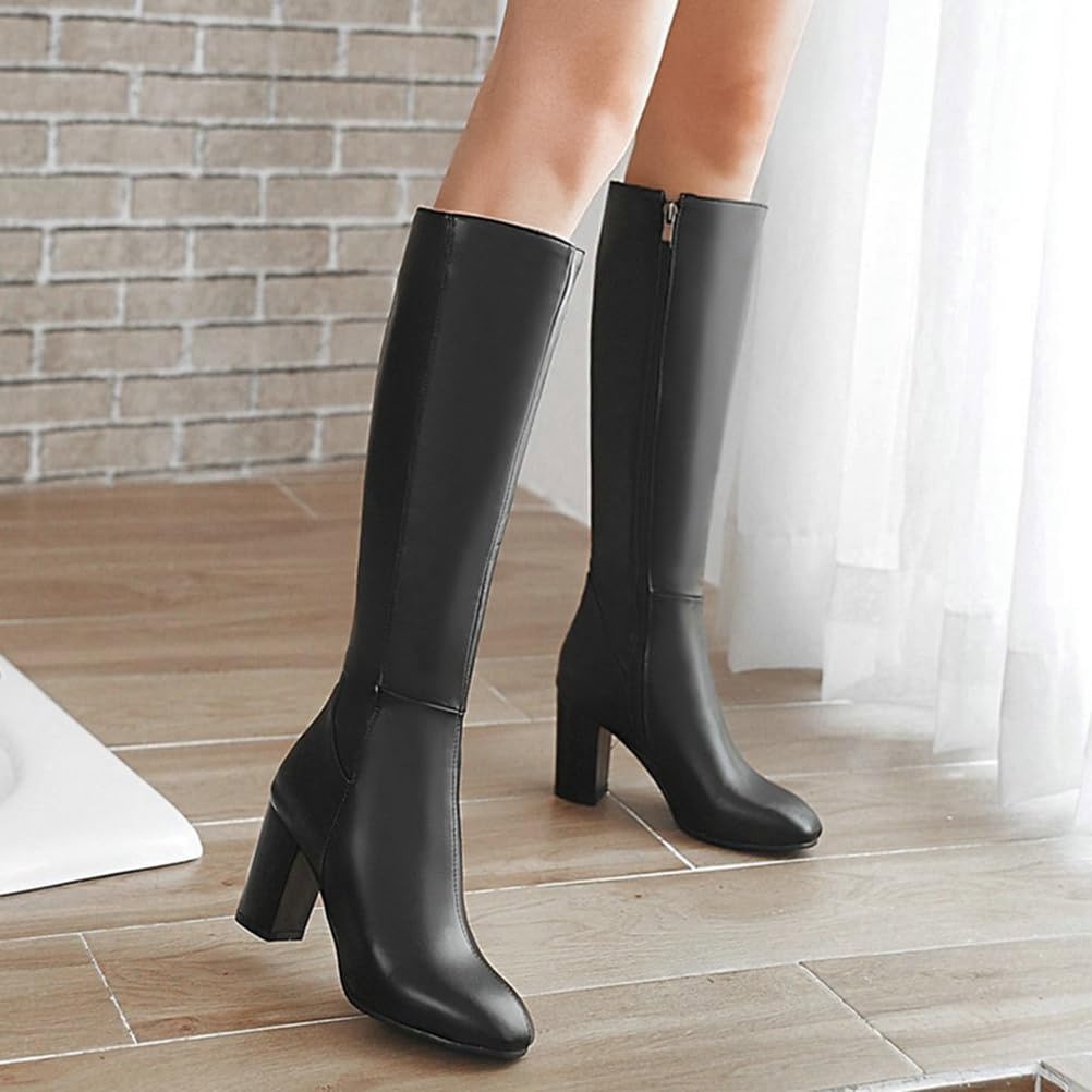 Damen Stiefeletten Warme Lange Stiefel Boots Elegante Sexy Runde Zehe Plattformen High Heel Reißverschluss PU Lederstiefel