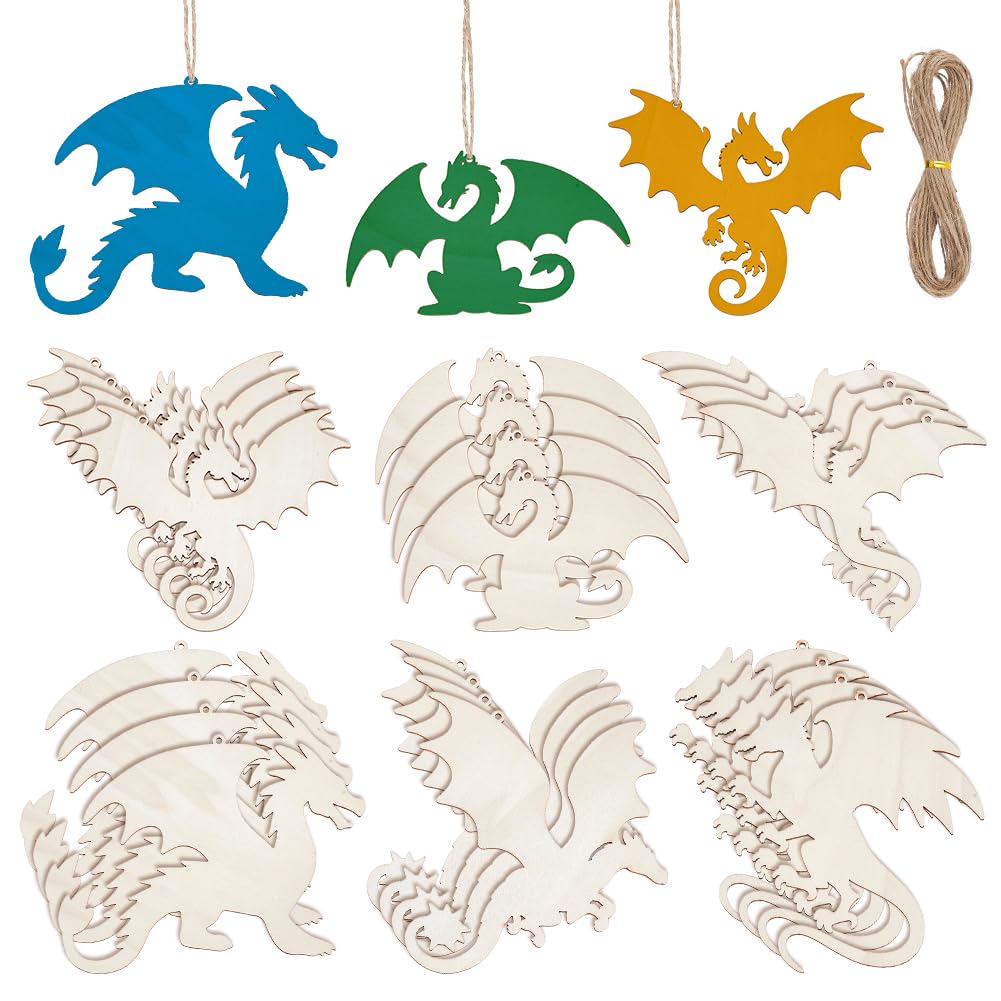 UNICRAFTALE 24Pcs 6 Styles Wood Dragon Cutouts Unfinished Wooden Dragon Hanging Ornaments Dragons Embellishments with String DIY Animal Craft Gift Tags for Home Party Decoration Craft Project โ image 1